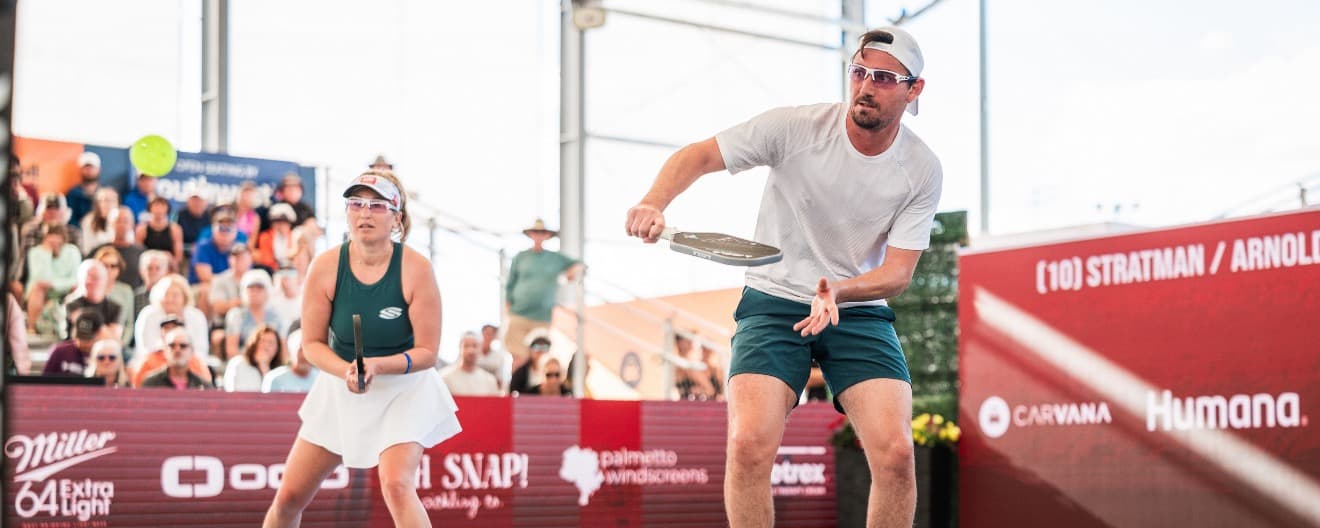Lauren Stratman and Julian Arnold play pickleball on center court at Mesa Arizona Cup.