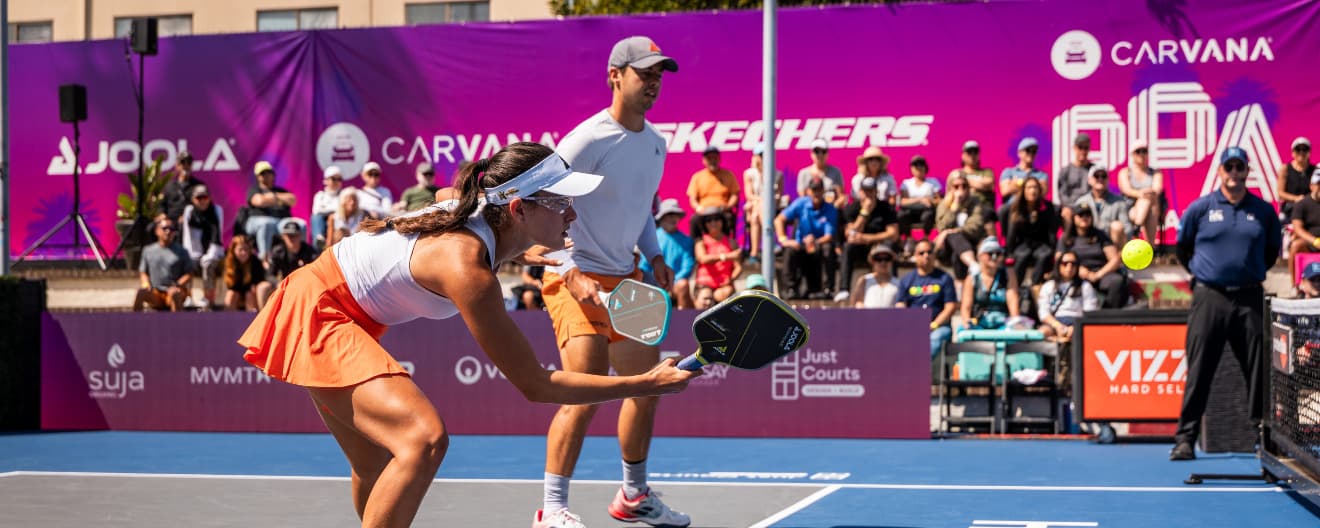 Anna Bright hits a pickleball forehand dink.