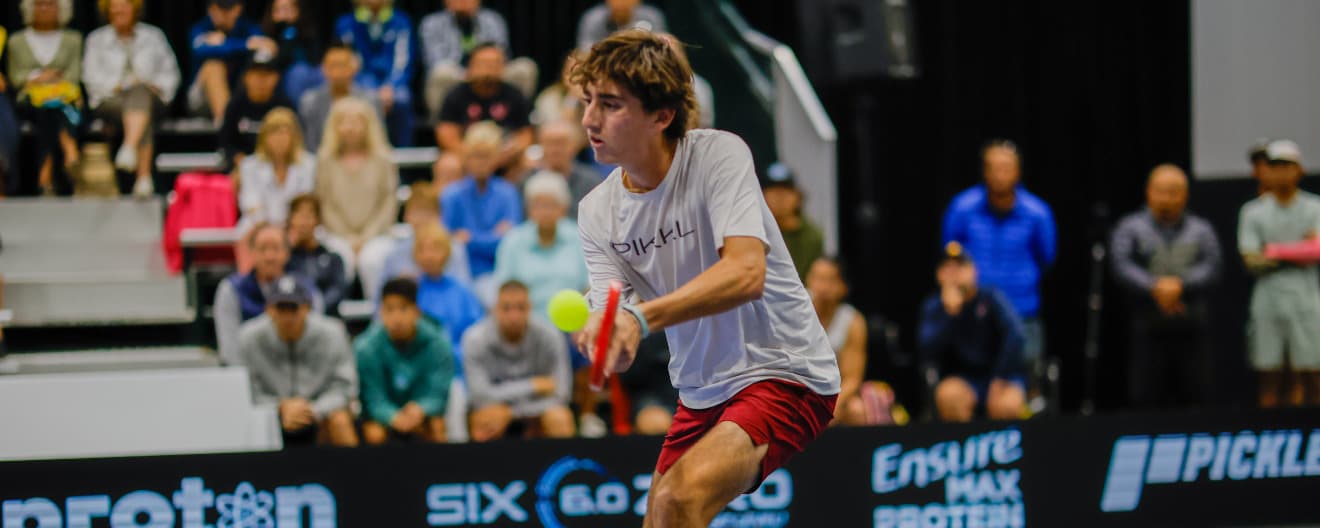 Gabe Tardio hits a pickleball backhand.