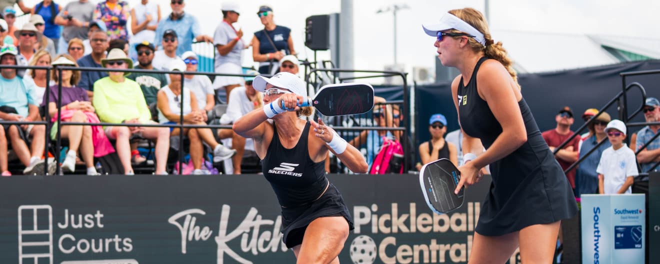Catherine Parenteau and Anna Leigh Waters competing in women's doubles at the Veolia Cape Coral Open presented by Proton.