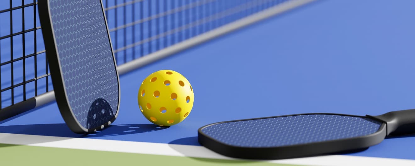 Pickleball paddles and a ball.