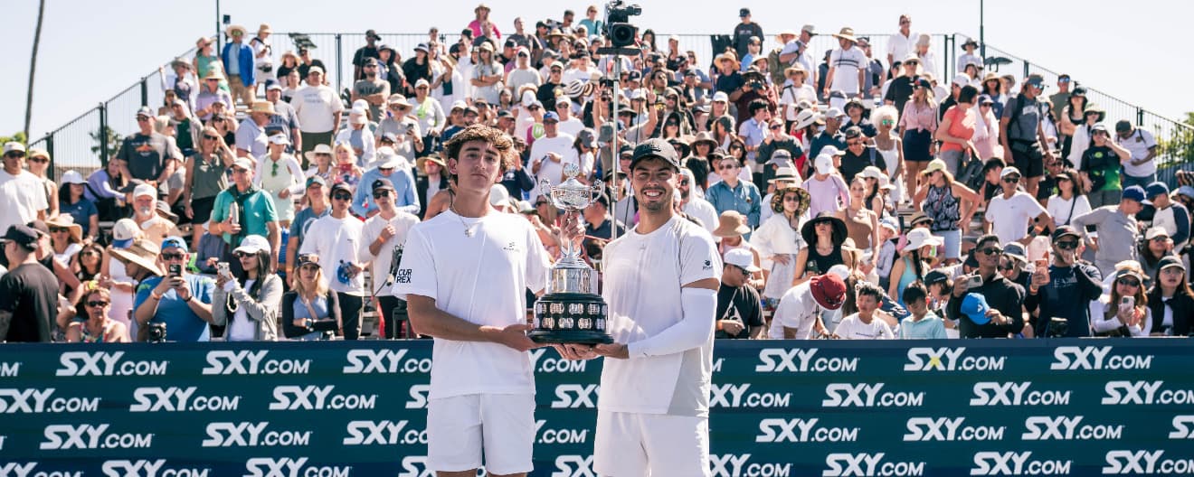 Ben Johns and Gabe Tardio with the men's doubles trophy at the SXY Newport Beach Open.