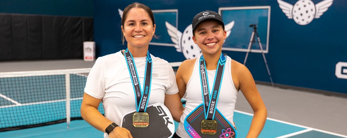 Carlota Trevino and Kelly Goodnow after winning the women's doubles title at the Boise PPA Challenger.