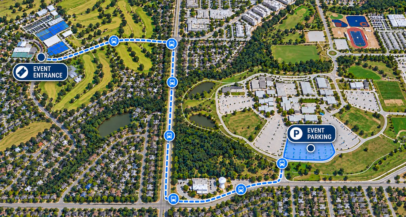 Aerial map of the event parking lot at Dallas College Brookhaven Campus, outlined in blue on the south side of the campus, with the dashed shuttle route running west along the road and north up the main street to the event entrance.