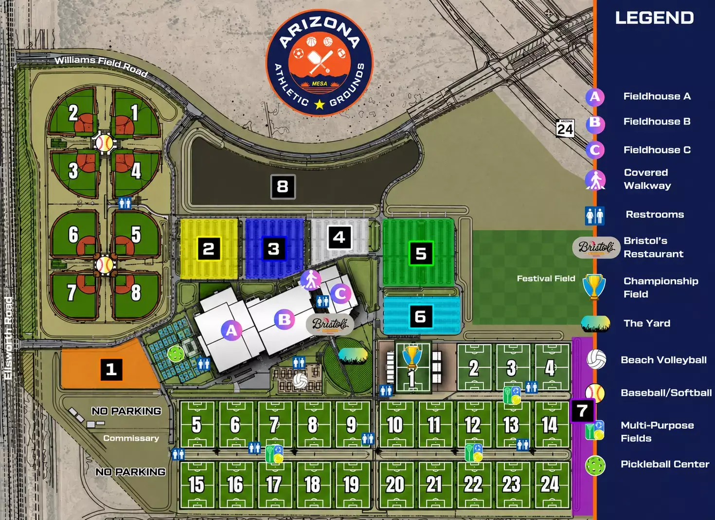 Map of the Arizona Athletic Grounds in Mesa, AZ, with the eight parking lots numbered. Lots 1, 2 and 3 sit along the west and north side of the fieldhouses, closest to the pickleball center.