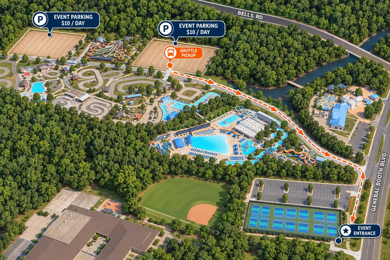 Map of Ocean Breeze Waterpark in Virginia Beach, VA, showing two event parking lots at $10 per day on the north side of the park, the shuttle pickup at the eastern lot, and the shuttle route along the park road to the event entrance on General Booth Boulevard.