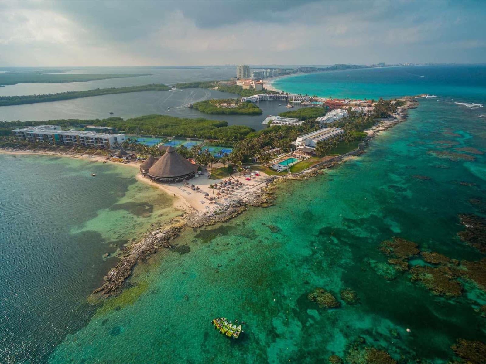 Aerial view of Club Med Cancún on its private peninsula