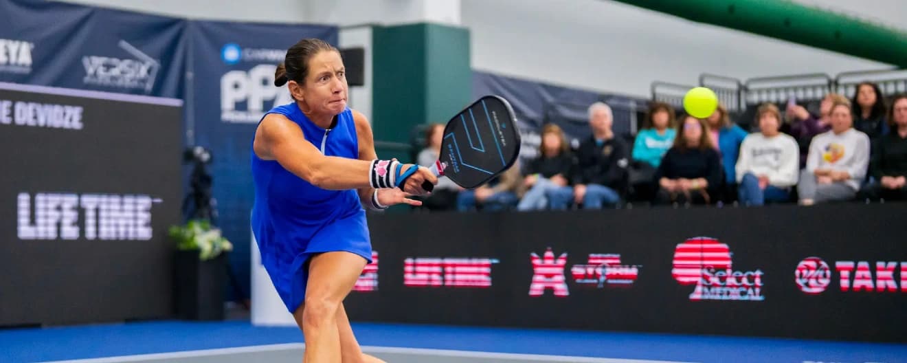 Salome Devidze hits a forehand volley at the Pickleball Central Indoor USA Championships.
