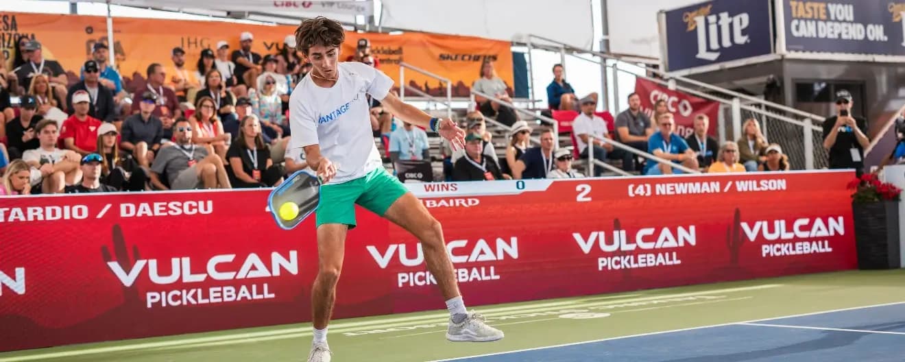 Gabriel Tardio hits a pickleball forehand.