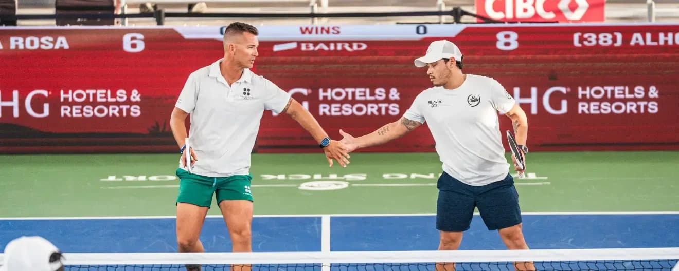 Martin Emmrich and Daniel de la Rosa playing pickleball.