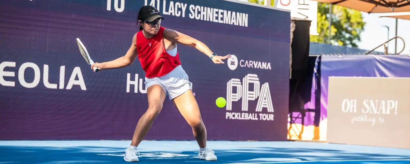 Samantha Parker hits a pickleball forehand.