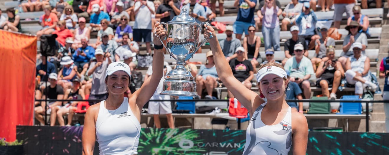 Catherine Parenteau and Anna Leigh Waters celebrate their doubles title at the Vizzy Atlanta Open.