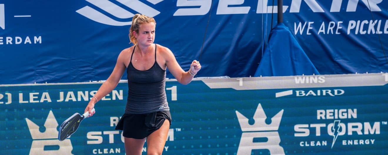 Kate Fahey celebrates a point.