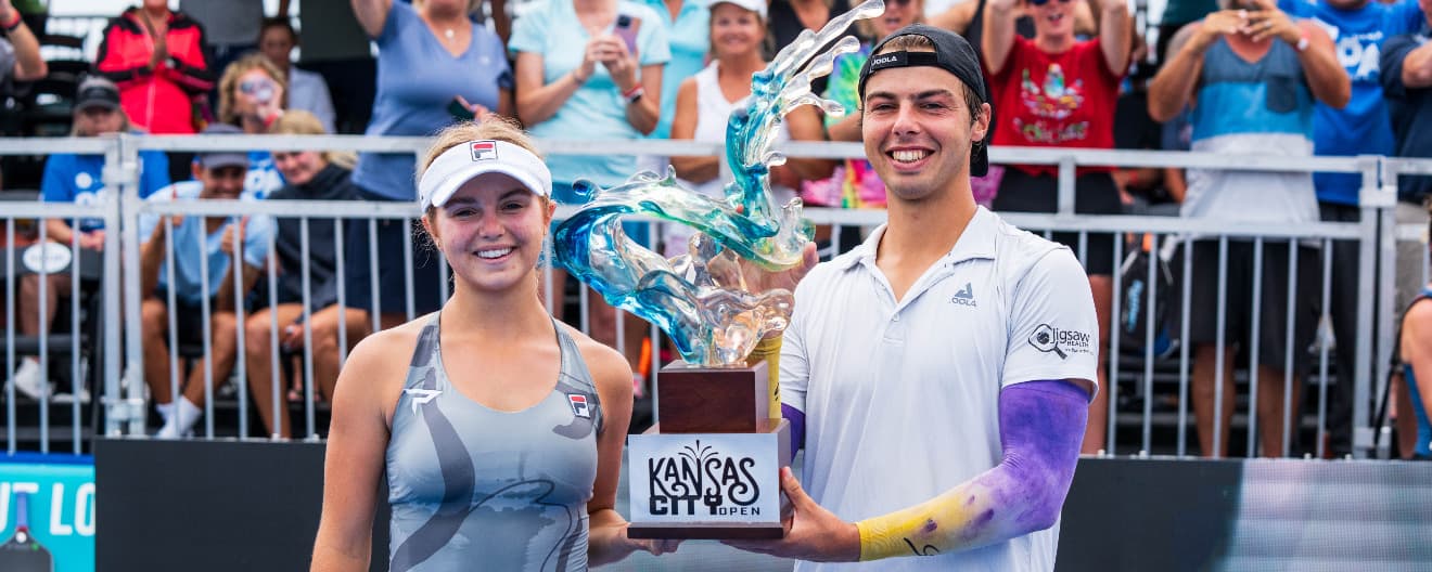 Anna Leigh Waters and Ben Johns celebrate their mixed doubles title at the Selkirk Kansas City Open.