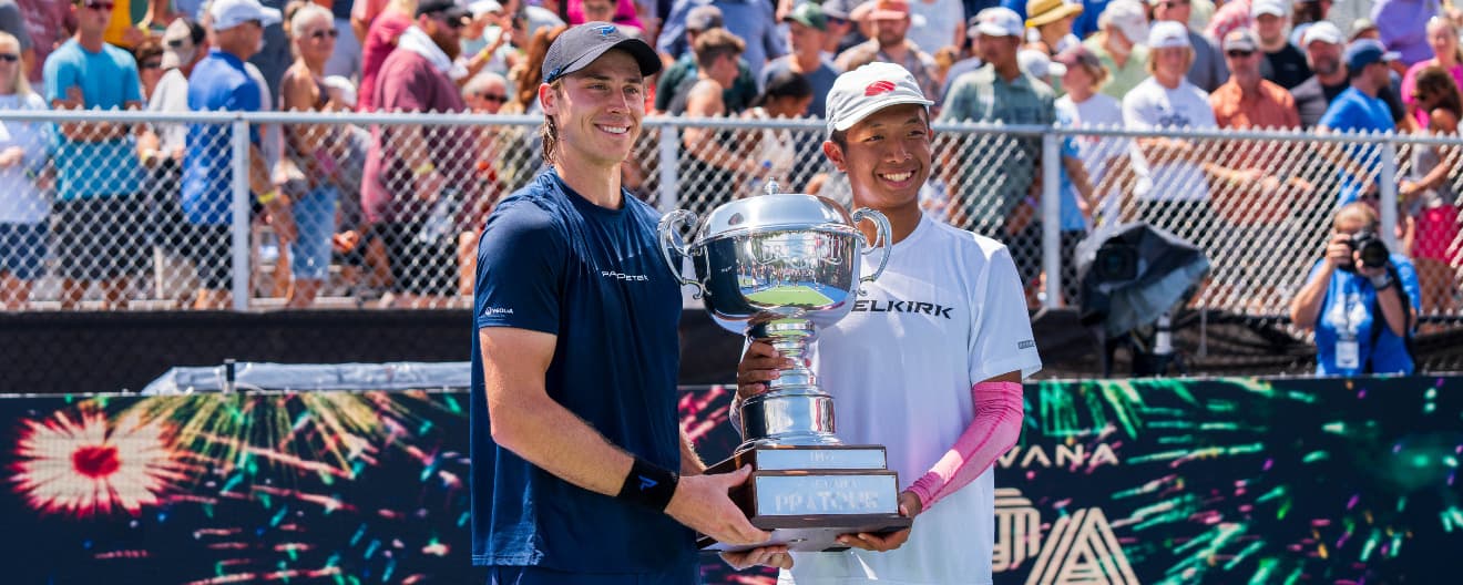 Christian Alshon and Quang Duong celebrate their men's doubles title at the IHG Hotels and Resorts Bristol Open presented by Deep Eddy Vodka.