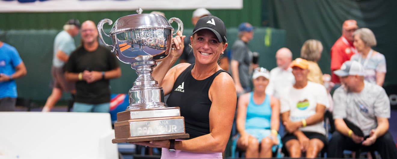 Brooke Buckner with the trophy after her women's singles title at the IHG Hotels & Resorts Bristol Open presented by Deep Eddy Vodka.