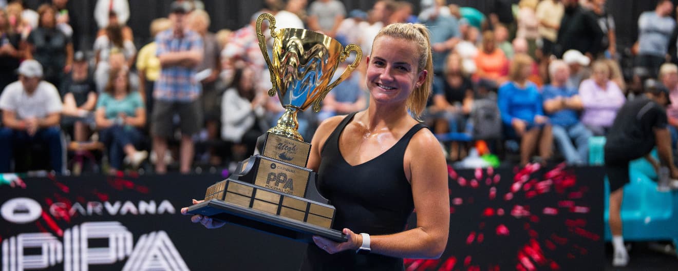 Kate Fahey celebrates her women's singles title at The Utah Picklr Open.
