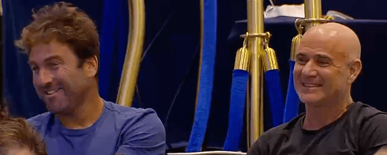 Justin Gimelstob and Andre Agassi on Thursday at the Fontainebleau.