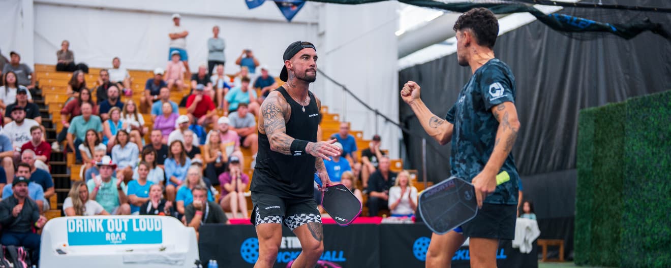 Tyson McGuffin and Jaume Martinez Vich celebrate a point at the CIBC Atlanta Slam presented by Vizzy.