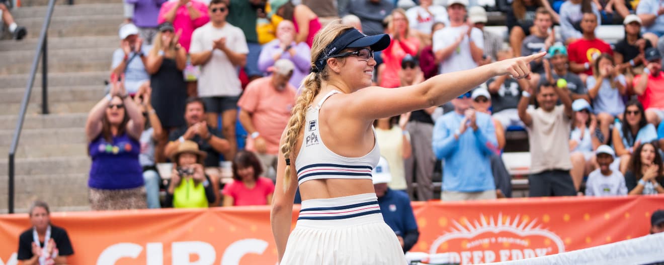 Anna Leigh Waters celebrates a victory at the CIBC Atlanta Slam presented by Vizzy.