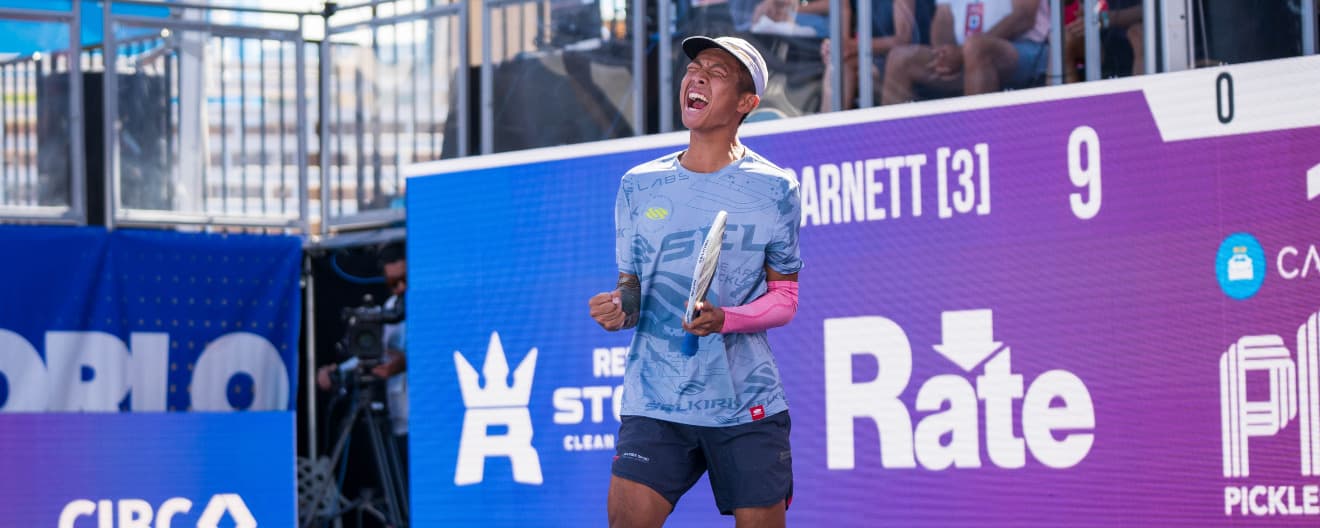 Quang Duong celebrates his victory at the Rate Championships presented by Skechers.
