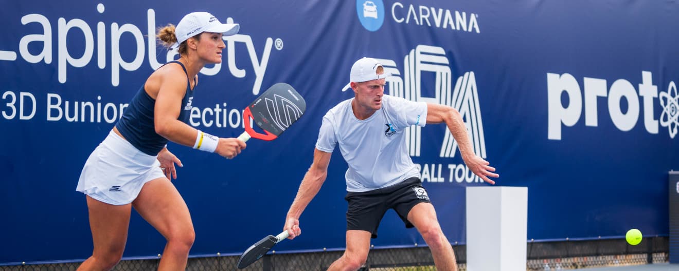 Catherine Parenteau and Riley Newman competing at the Lapiplasty Pickleball World Championships.