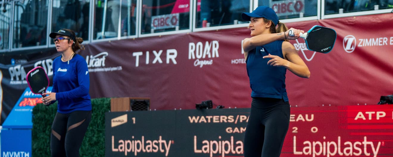 Lacy Schneemann and Jorja Johnson competing at the CIBC PPA Tour Finals presented by ROAR Organic.