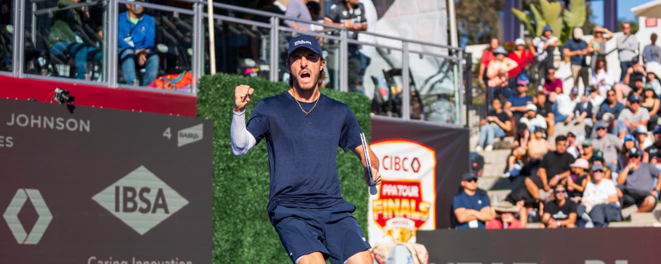 Hunter Johnson celebrating a point at the CIBC PPA Tour Finals presented by ROAR Organic.