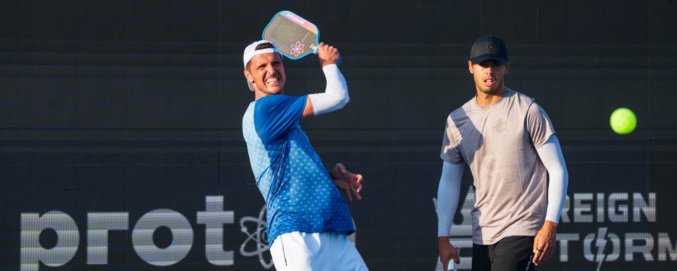 Andrei Daescu and Ben Johns competing in men's doubles at the Veolia Cape Coral Open presented by Proton.