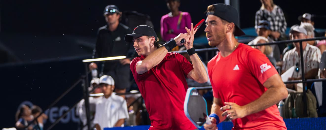 Christian Alshon and Federico Staksrud competing in men's doubles at the Veolia Cape Coral Open presented by Proton.