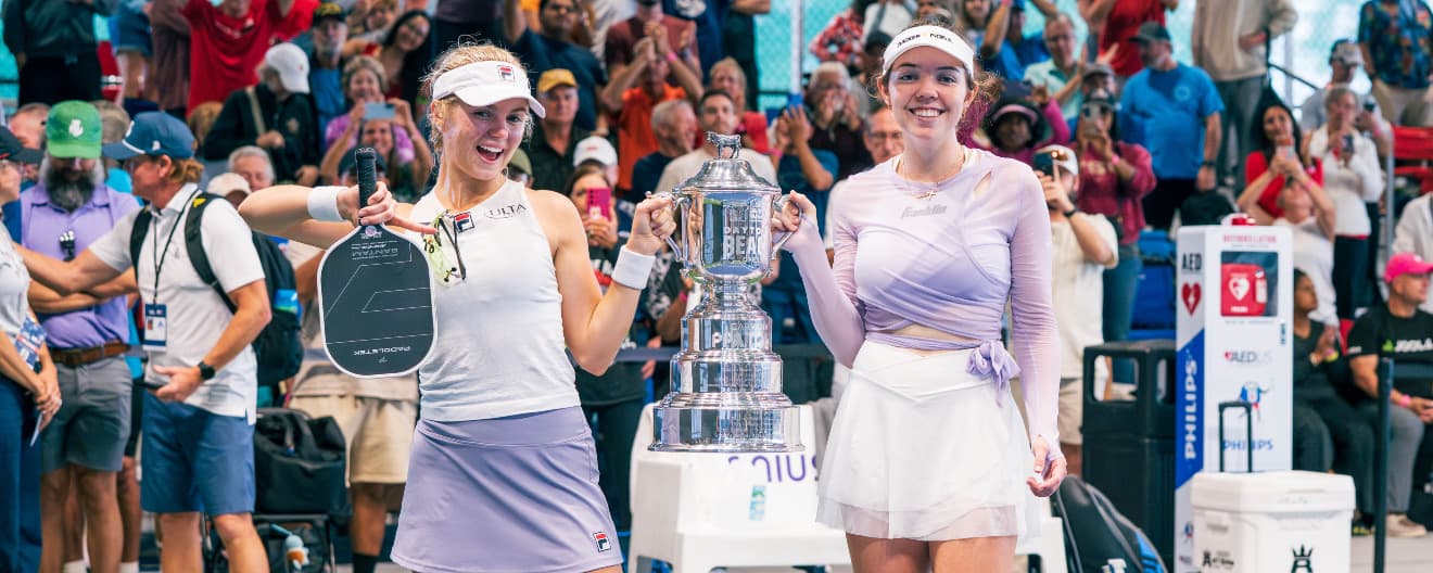 Anna Leigh Waters and Jorja Johnson celebrating their women's doubles title in Daytona Beach.