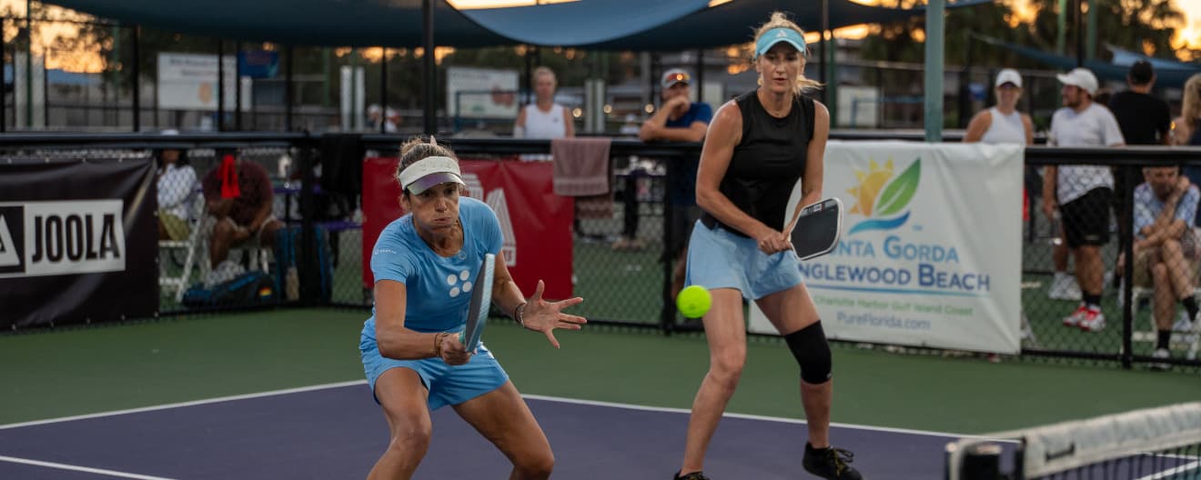 Tammy Emmrich and Ewa Radzikowska competing in women's doubles at the Punta Gorda PPA Challenger.
