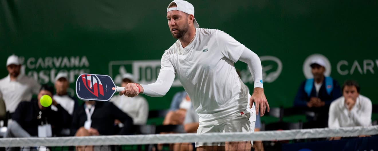 Jack Sock hitting a pickleball forehand at the PPA Masters in Rancho Mirage, CA.