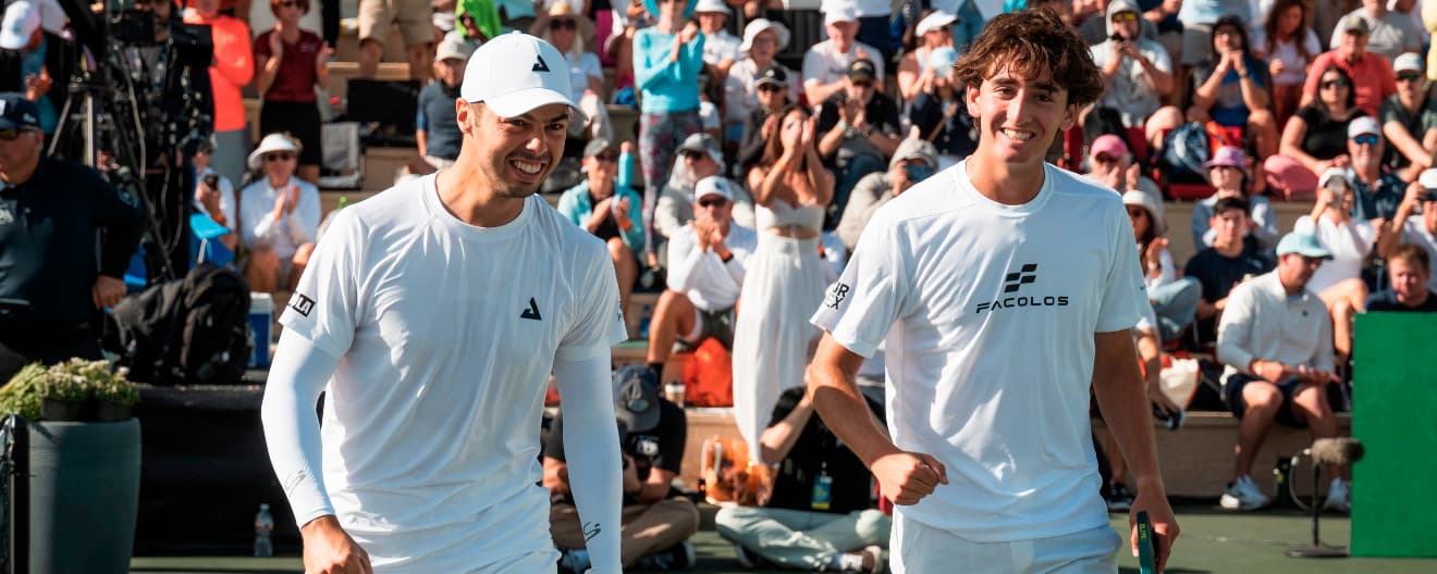 Ben Johns and Gabe Tardio celebraing their men's doubles title at the PPA Masters in Rancho Mirage, CA.