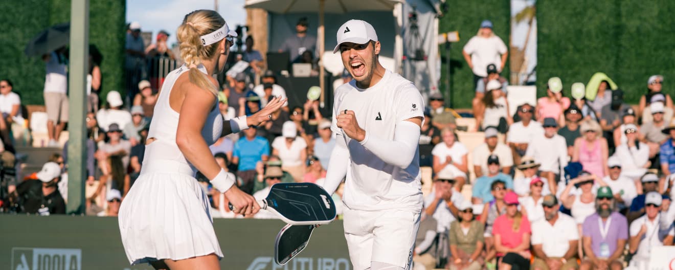 Anna Leigh Waters and Ben Johns celebrating a point in the mixed doubles final of the PPA Masters in Rancho Mirage, CA.