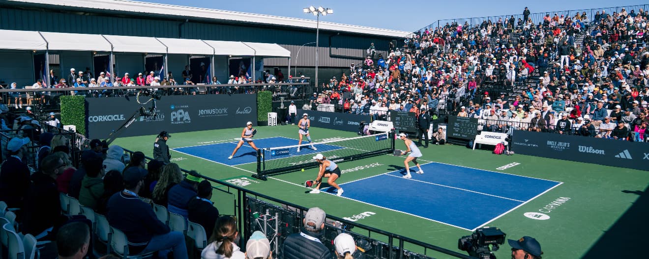 Catherine Parenteau, Parris Todd, Anna Leigh Waters, and Anna Bright competing in the women's doubles final atthe 2025 Pickleball World Championships in Dallas, TX.