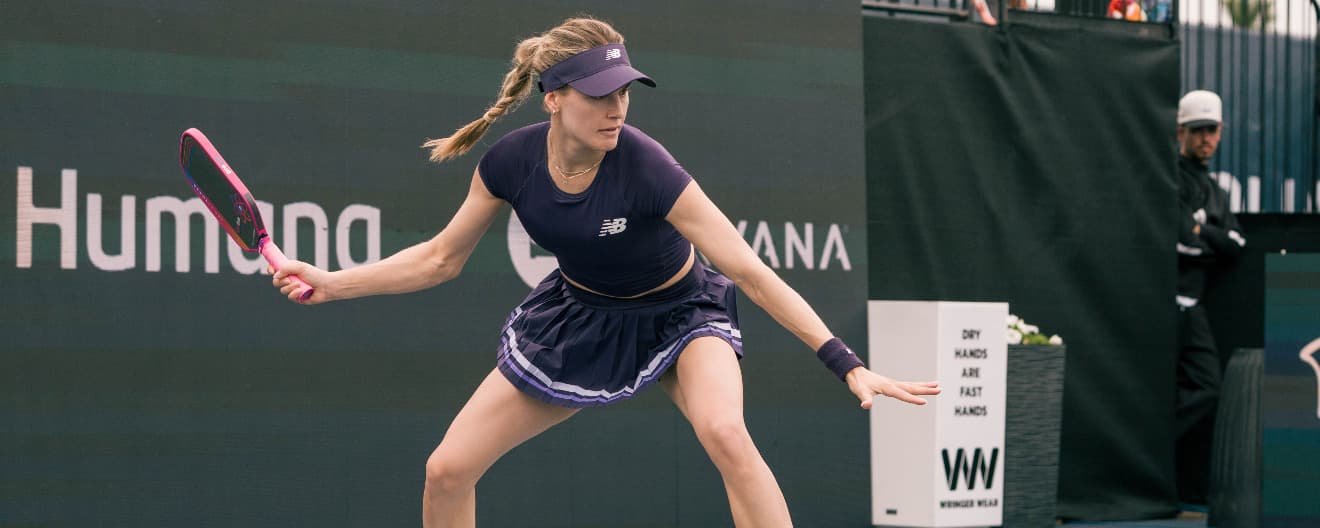 Genie Bouchard hitting a pickleball forehand.