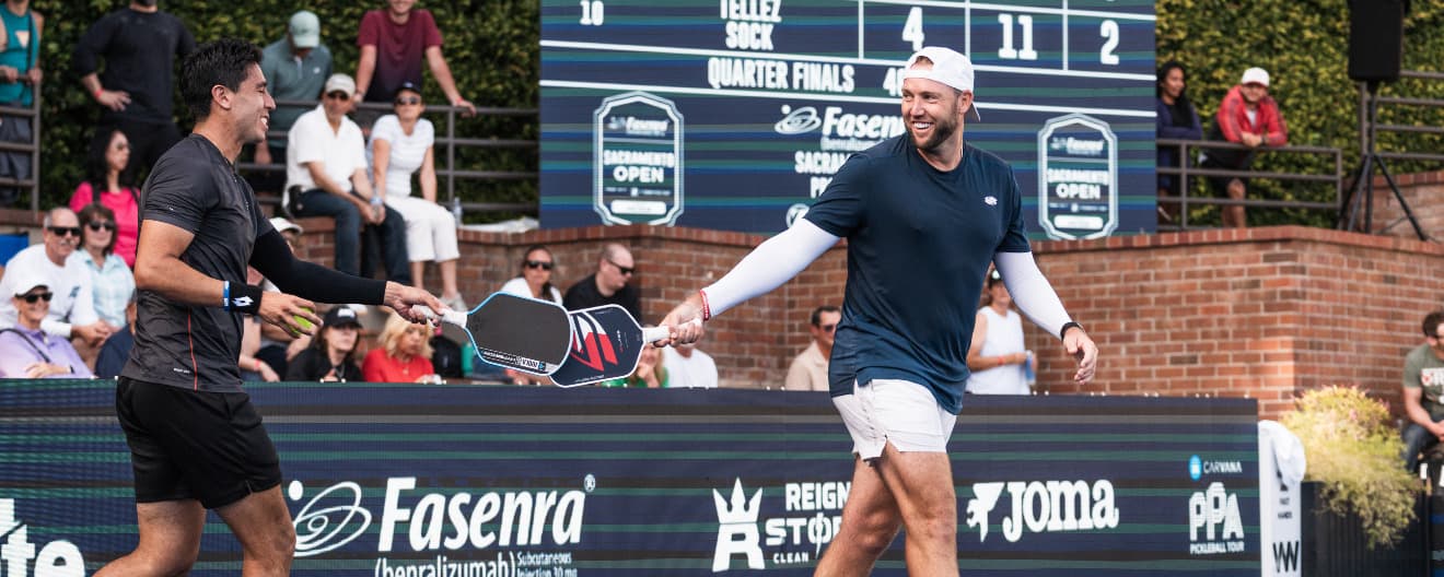 Pablo Tellez and Jack Sock competing in men's doubles at the Fasenra Sacramento Open presented by Zimmer Biomet.