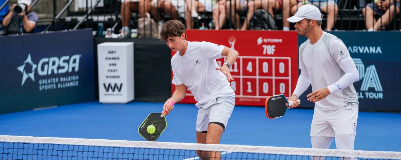 Gabe Tardio and Ben Johns competing at the Veolia Pickleball National Championships in Cary, North Carolina.